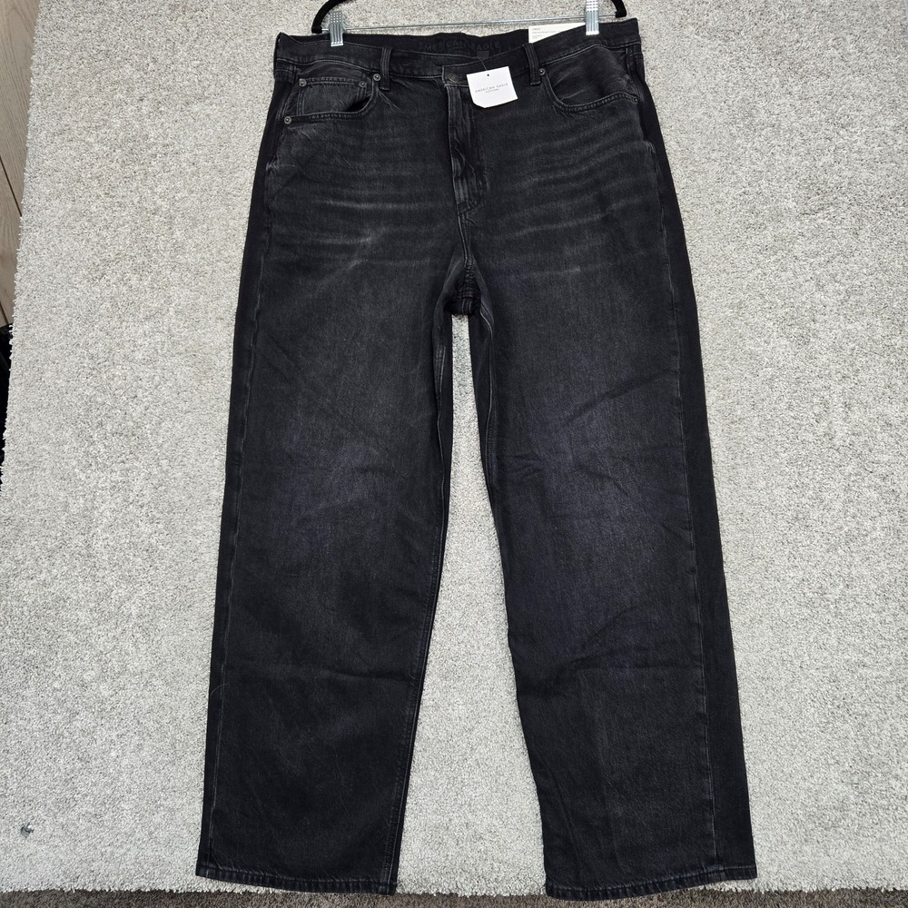 American Eagle Strigid Super High‎ Rise Baggy Straight black Jeans womens 18 NEW